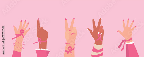 Female hands with pink ribbons on color background. Breast cancer awareness