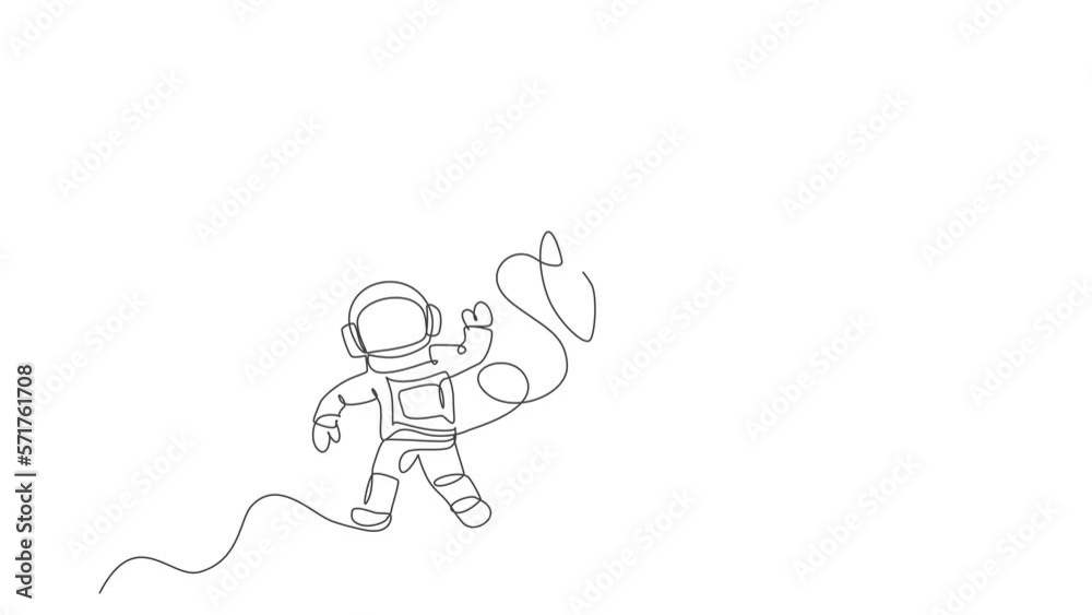 Animated self drawing of continuous line draw astronaut in spacesuit flying at outer space with rocket spacecraft. Science milky way astronomy concept. Full length one line animation illustration. Animated self drawing of continuous line draw astronaut in spacesuit flying at outer space with rocket spacecraft. Science milky way astronomy concept. Full length one line animation illustration.
