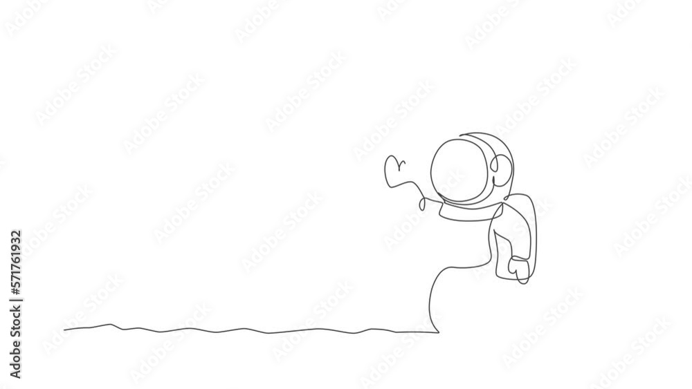 Animation of one line drawing of young astronaut in spacesuit flying at outer space illustration. Spaceman adventure galactic space concept. Continuous line self draw animated. Full length motion. Animation of one line drawing of young astronaut in spacesuit flying at outer space illustration. Spaceman adventure galactic space concept. Continuous line self draw animated. Full length motion.