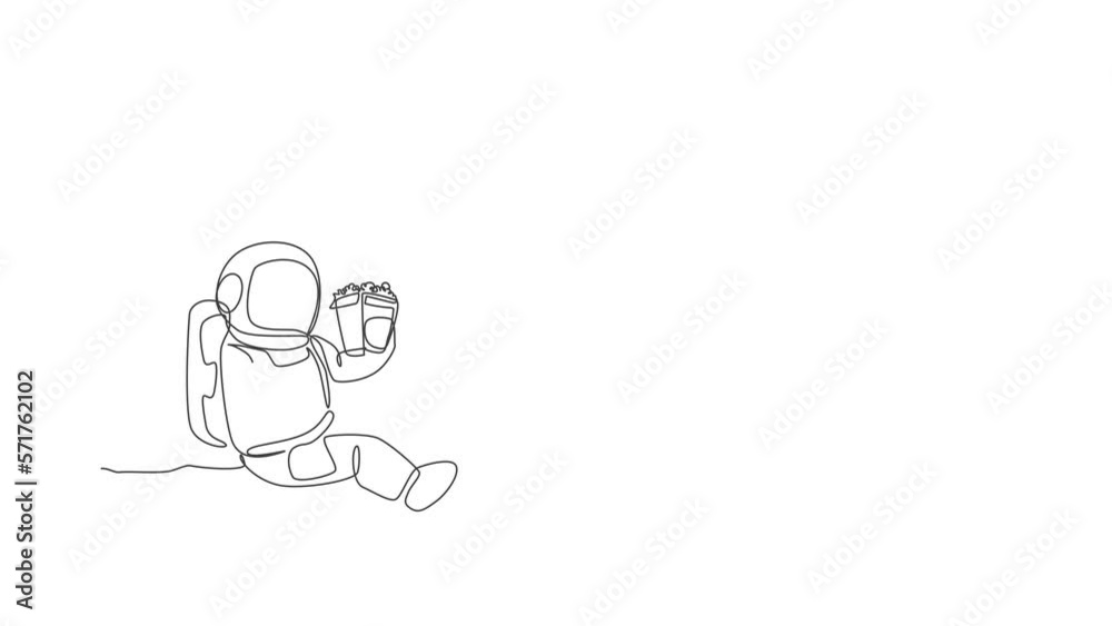 Animated self drawing of single continuous line draw spaceman sitting relax on moon surface while eating french fries and drinking soft soda. Outer space life concept. Full length one line animation. Animated self drawing of single continuous line draw spaceman sitting relax on moon surface while eating french fries and drinking soft soda. Outer space life concept. Full length one line animation.