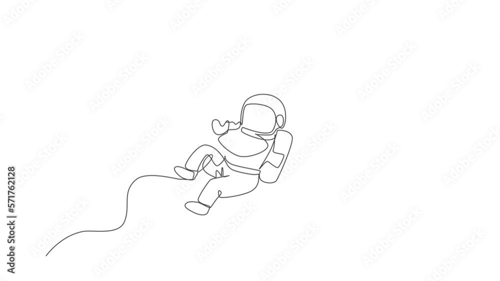 Animation of one single line drawing of astronaut flying in cosmos galaxy while eating spicy delicious burger. Fantasy outer space life concept. Continuous line self draw animated. Full length motion.