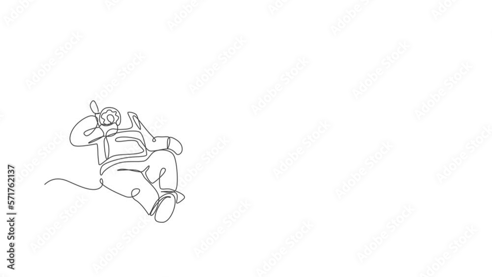 Animation of one single line drawing of astronaut flying in cosmos galaxy while eating sweet sugar donut. Fantasy outer space life concept. Continuous line self draw animated. Full length motion. Animation of one single line drawing of astronaut flying in cosmos galaxy while eating sweet sugar donut. Fantasy outer space life concept. Continuous line self draw animated. Full length motion.