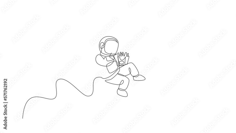 Animation of one single line drawing of astronaut flying in cosmos galaxy while eating french fries. Fantasy outer space life concept. Continuous line self draw animated. Full length motion. Animation of one single line drawing of astronaut flying in cosmos galaxy while eating french fries. Fantasy outer space life concept. Continuous line self draw animated. Full length motion.