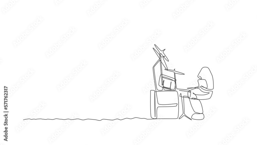 Animation of one line drawing of spaceman drummer playing drum set musical instrument on moon surface. Music concert poster, space concept. Continuous line self draw animated. Full length motion. Animation of one line drawing of spaceman drummer playing drum set musical instrument on moon surface. Music concert poster, space concept. Continuous line self draw animated. Full length motion.