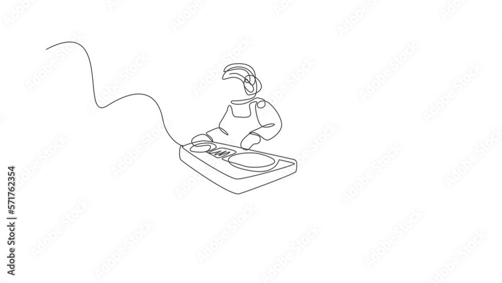 Animated self drawing of continuous line draw astronaut playing dj audio mixer musical instrument in cosmic galaxy. Outer space music concert concept. Full length one line animation illustration. Animated self drawing of continuous line draw astronaut playing dj audio mixer musical instrument in cosmic galaxy. Outer space music concert concept. Full length one line animation illustration.