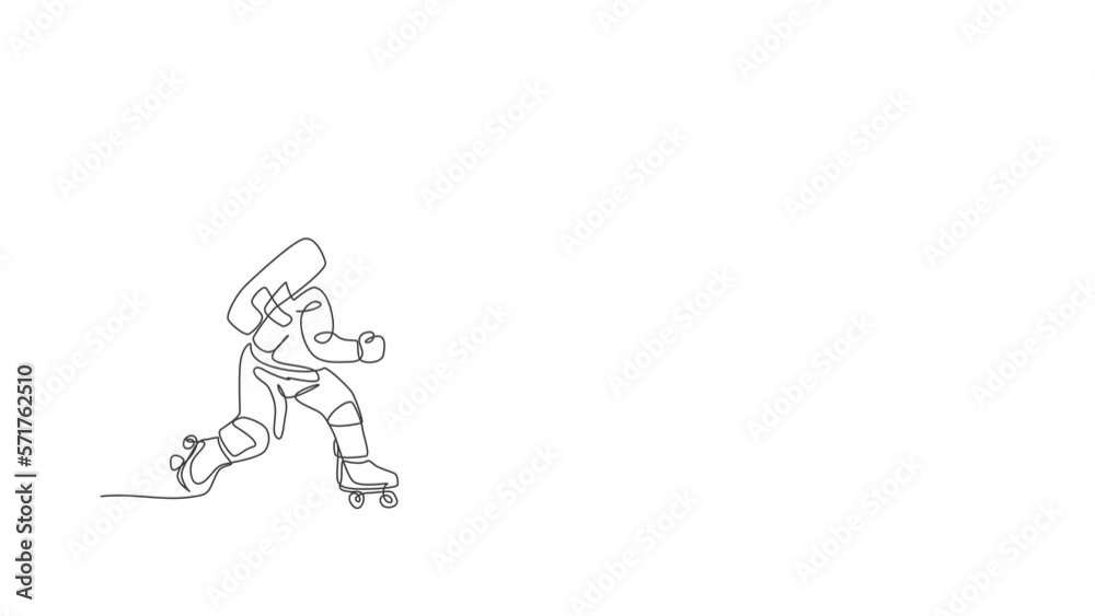 Animated self drawing of continuous line draw astronaut using roller skates on moon surface, deep space galaxy. Spaceman healthy fitness sport concept. Full length single line animation illustration. Animated self drawing of continuous line draw astronaut using roller skates on moon surface, deep space galaxy. Spaceman healthy fitness sport concept. Full length single line animation illustration.