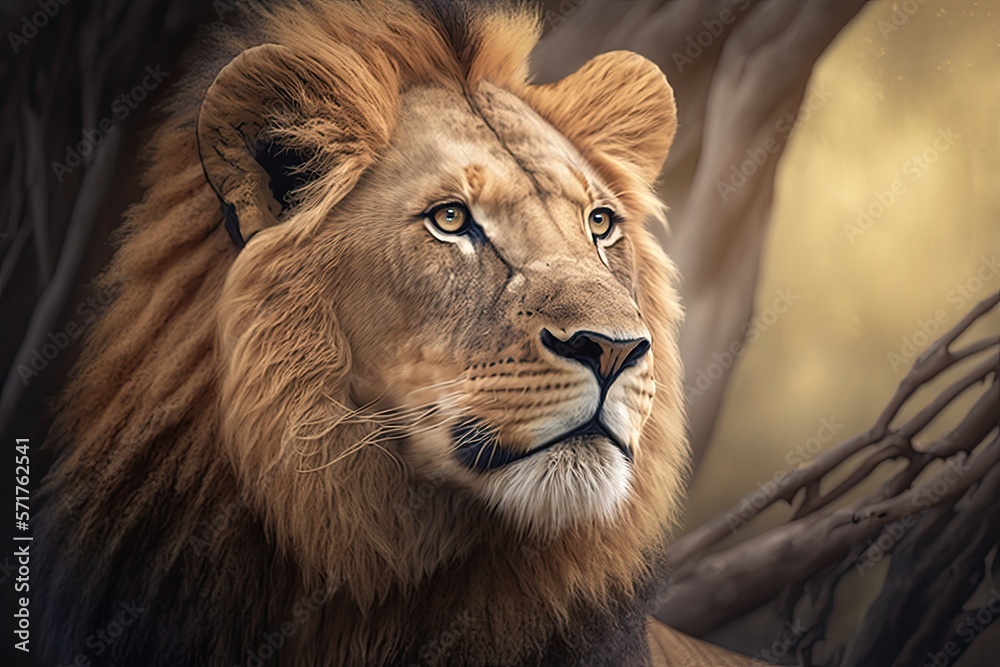 portrait of a lion with a great mane. Big cat feline predator. King of the jungle.