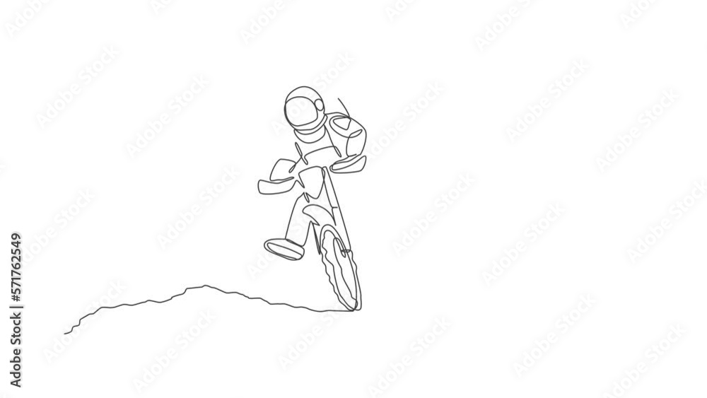 Animation of one line drawing spaceman astronaut practicing motocross in cosmic galaxy. Healthy outer space cosmonaut lifestyle sport concept. Continuous line self draw animated. Full length motion. Animation of one line drawing spaceman astronaut practicing motocross in cosmic galaxy. Healthy outer space cosmonaut lifestyle sport concept. Continuous line self draw animated. Full length motion.