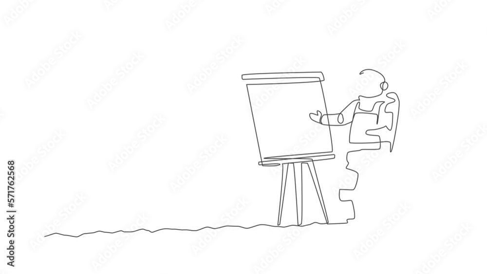 Animated self drawing of continuous line draw astronaut give marketing and sales data presentation in company meeting. Business office with galaxy outer space concept. Full length one line animation.