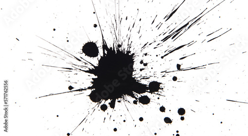 black ink splatter on white background Paint brush strokes and drops texture.