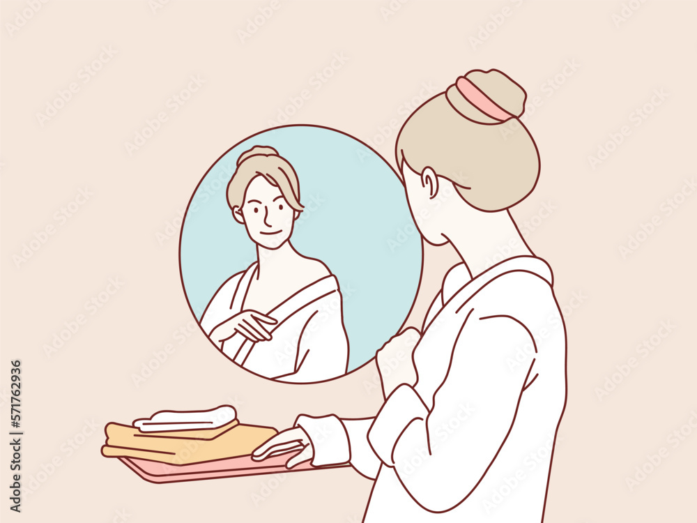 Mirrored woman dress up on bathroom mirror pick her cloth simple korean style illustration Mirrored woman dress up on bathroom mirror pick her cloth simple korean style illustration