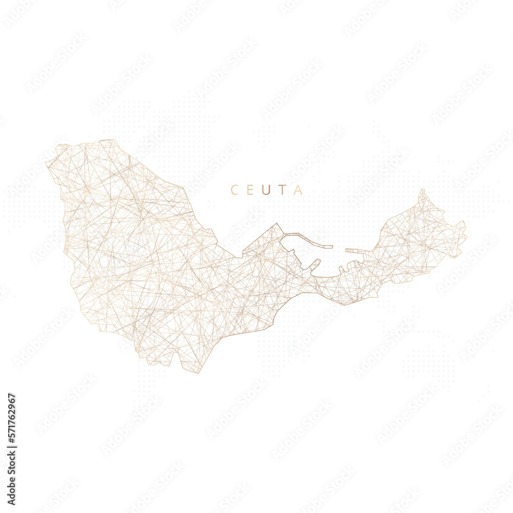 Low poly map of Ceuta. Gold polygonal wireframe. Glittering vector with gold particles on white background. Vector illustration eps 10.
