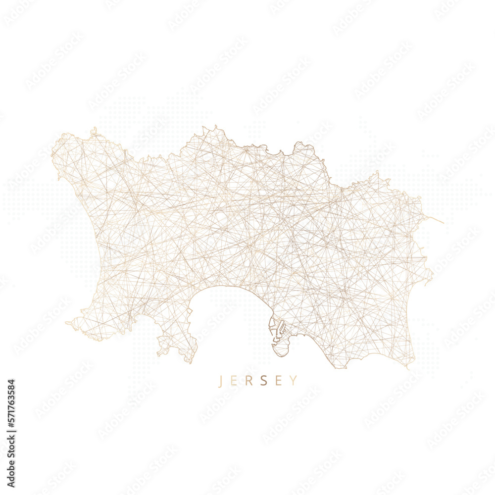Low poly map of Jersey. Gold polygonal wireframe. Glittering vector with gold particles on white background. Vector illustration eps 10.