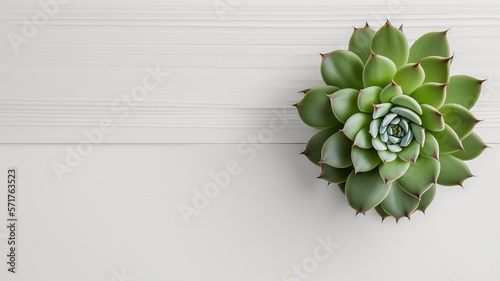 White painted table top with green succulent right side with copy space generative ai