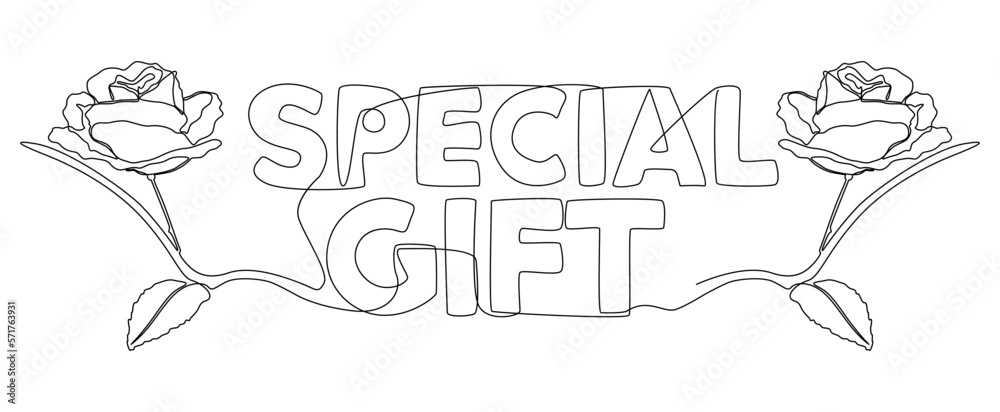 One continuous line of Special Gift word with rose flowers. Thin Line Illustration vector concept. Contour Drawing Creative ideas. One continuous line of Special Gift word with rose flowers. Thin Line Illustration vector concept. Contour Drawing Creative ideas.
