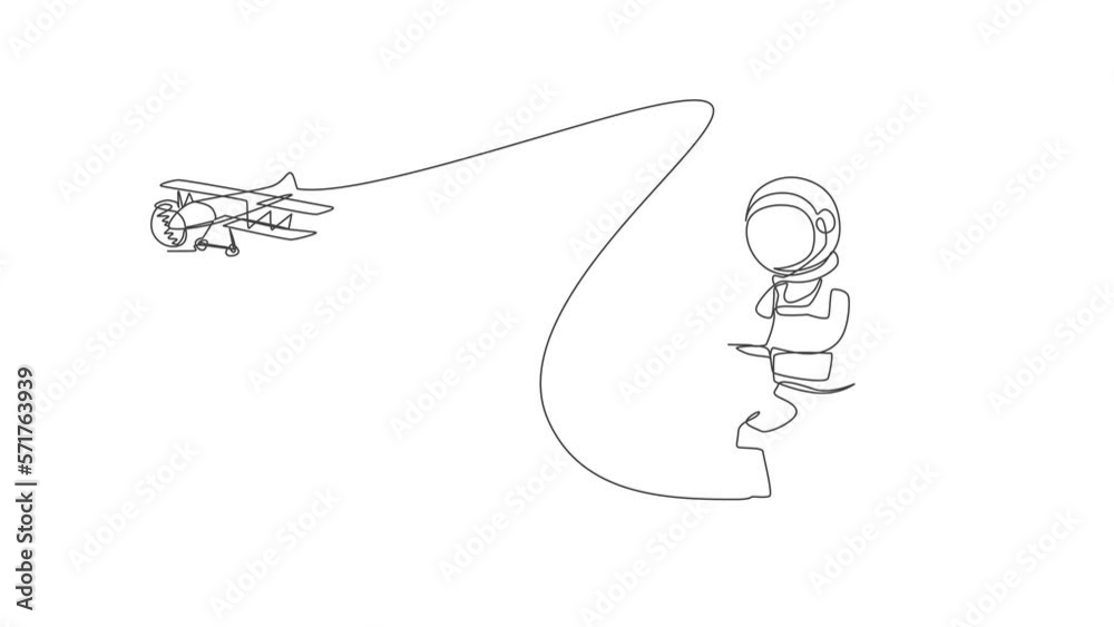 Animated self drawing of single continuous line draw astronaut playing airplane radio control in moon surface. Having fun in leisure time on outer space concept. Full length one line animation.
