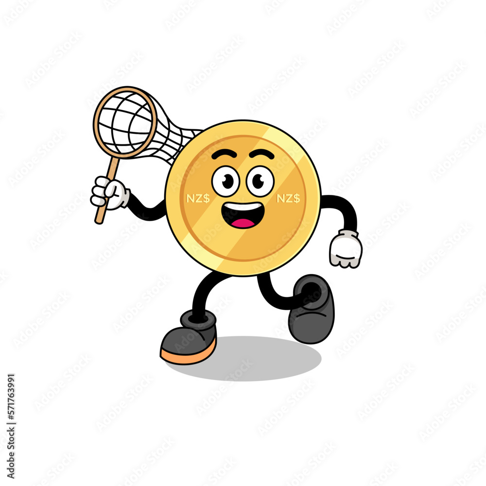 Cartoon of new zealand dollar catching a butterfly Cartoon of new zealand dollar catching a butterfly
