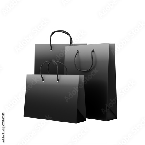 Set of luxury glossy shopping bags in black gradient 3d render illustration with transparent background