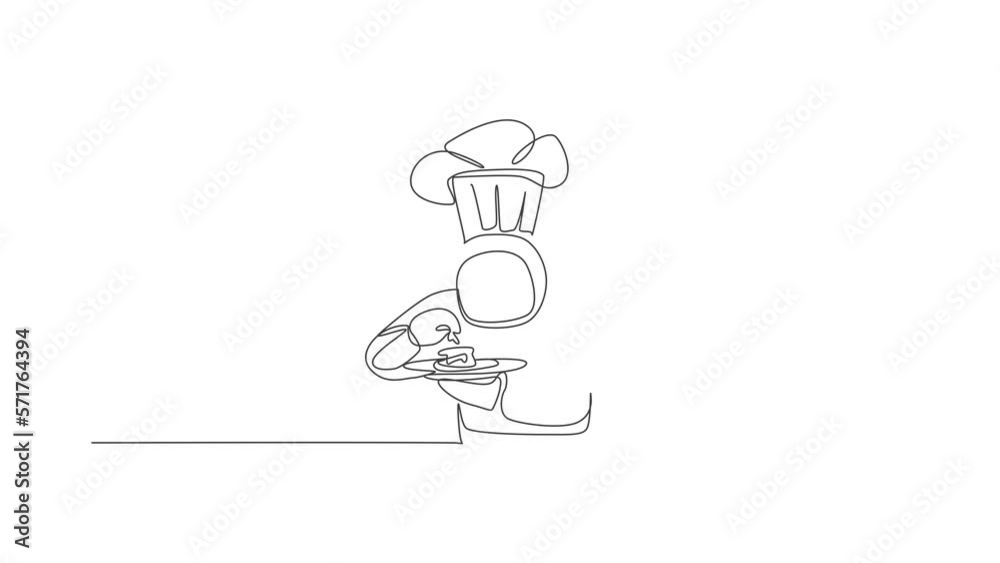 Animated self drawing of single continuous line draw astronaut tasting delicious food before serving to customer in outer space cafe. Healthy restaurant cuisine concept. Full length one line animation Animated self drawing of single continuous line draw astronaut tasting delicious food before serving to customer in outer space cafe. Healthy restaurant cuisine concept. Full length one line animation