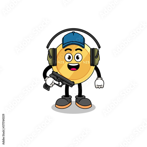 Character mascot of new zealand dollar doing shooting range