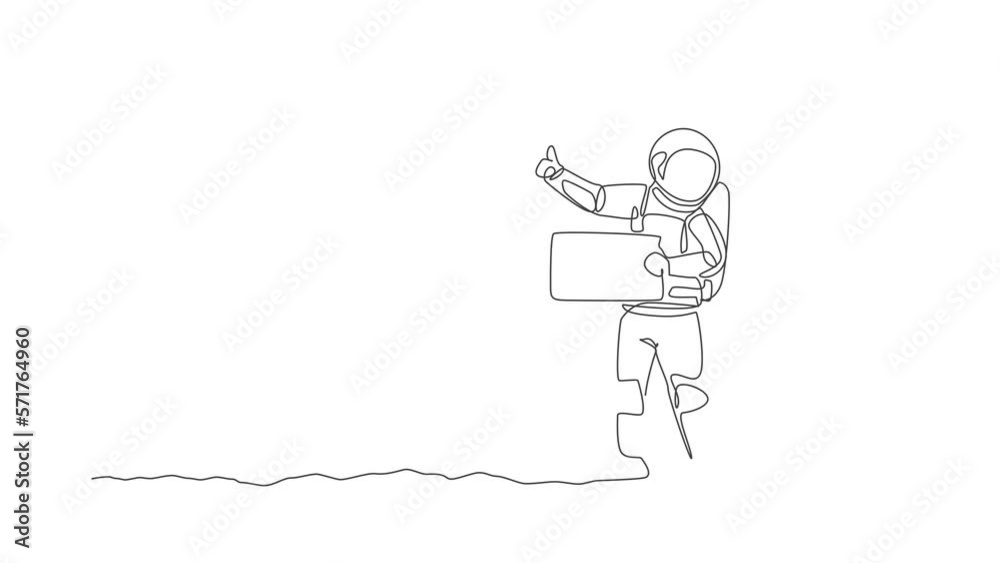 Animated self drawing of single continuous line draw young astronaut hitchhiker waiting for transport beside the roadway in moon surface. Cosmonaut outer space concept. Full length one line animation.