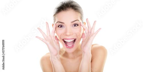 Beauty - happy funny Asian woman face expression. Girl surprised and excited showing fun facial expression. Beautiful healthy girl with perfect skin screaming joyful in surprise. Model isolated PNG.