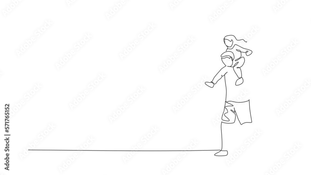 Animated self drawing of single continuous line draw young happy father playing together and lifting his daughter on shoulder. Happy family concept. Full length one line animation illustration. Animated self drawing of single continuous line draw young happy father playing together and lifting his daughter on shoulder. Happy family concept. Full length one line animation illustration.