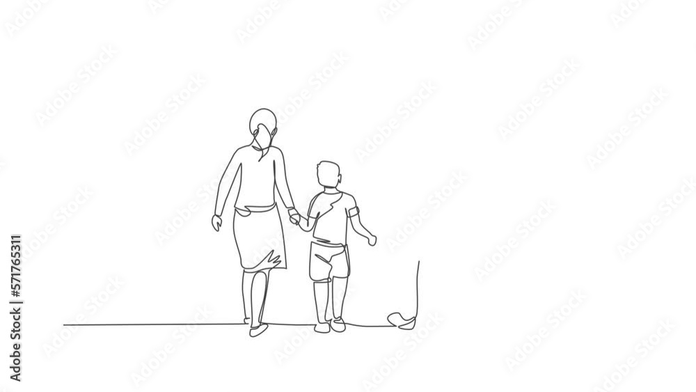 Animation of one line drawing of young happy mother and father lead their son walking together, holding his hands. Parenting education concept. Continuous line self draw animated. Full length motion. Animation of one line drawing of young happy mother and father lead their son walking together, holding his hands. Parenting education concept. Continuous line self draw animated. Full length motion.