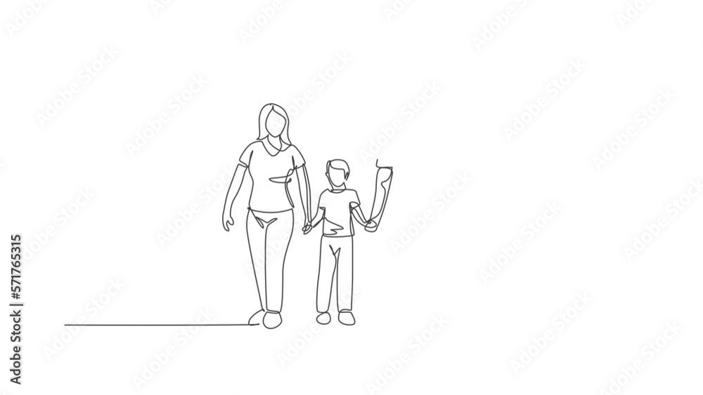 Animation of one line drawing of young happy family mom and dad lead their son walking together holding his hands. Parenting education concept. Continuous line self draw animated. Full length motion. Animation of one line drawing of young happy family mom and dad lead their son walking together holding his hands. Parenting education concept. Continuous line self draw animated. Full length motion.