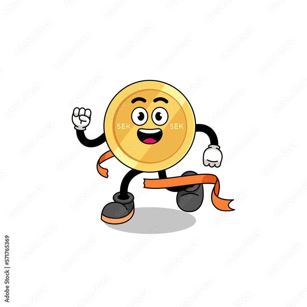 Mascot cartoon of swedish krona running on finish line Mascot cartoon of swedish krona running on finish line