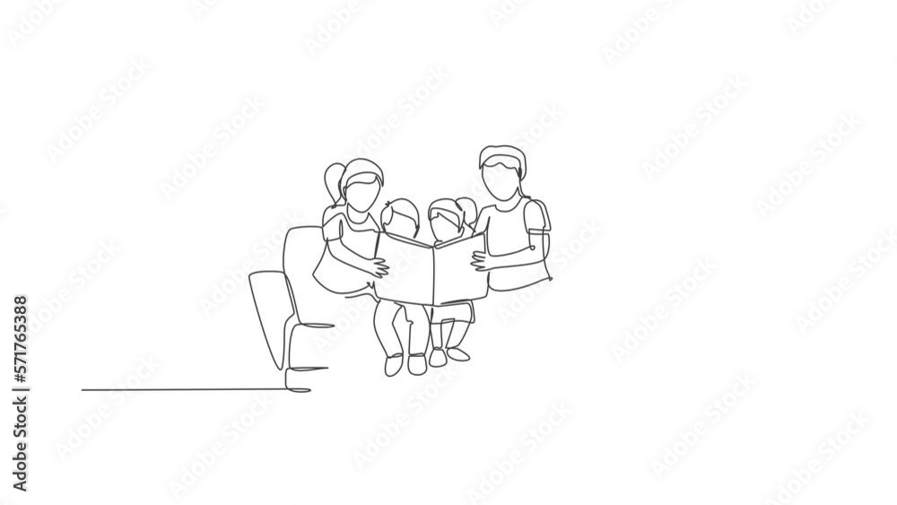 Animation of one line drawing of happy father and mother siting on sofa to read a story book to their kids together. Parenting education concept. Continuous line self draw animated. Full length motion