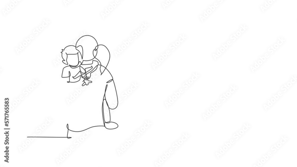 Animated self drawing of one continuous line draw young mother hugging her sleepy son while holding airplane toy at home, family life. Happy parenting concept. Full length single line animation. Animated self drawing of one continuous line draw young mother hugging her sleepy son while holding airplane toy at home, family life. Happy parenting concept. Full length single line animation.