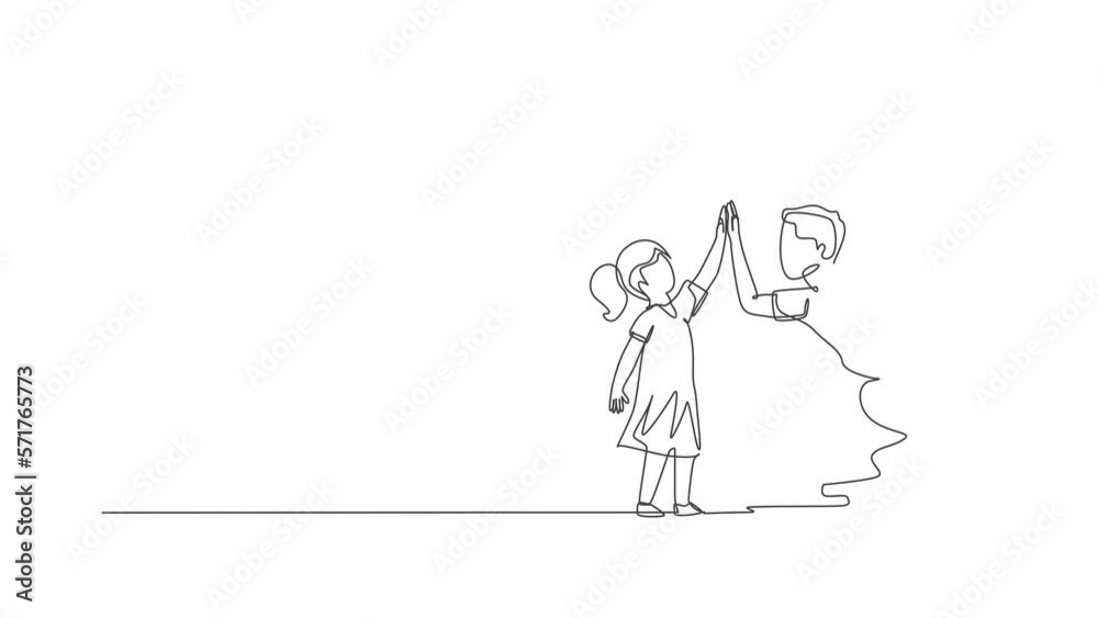 Animated self drawing of continuous line draw young father giving high five to daughter at home for a school achievement, parenthood time. Family parenting concept. Full length one line animation. Animated self drawing of continuous line draw young father giving high five to daughter at home for a school achievement, parenthood time. Family parenting concept. Full length one line animation.