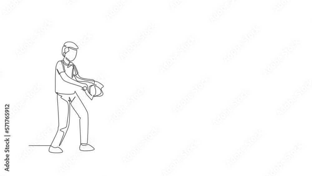 Animated self drawing of single continuous line draw young happy father playing with daughter at home, lifting and swinging, parenthood time. Family parenting concept. Full length one line animation.