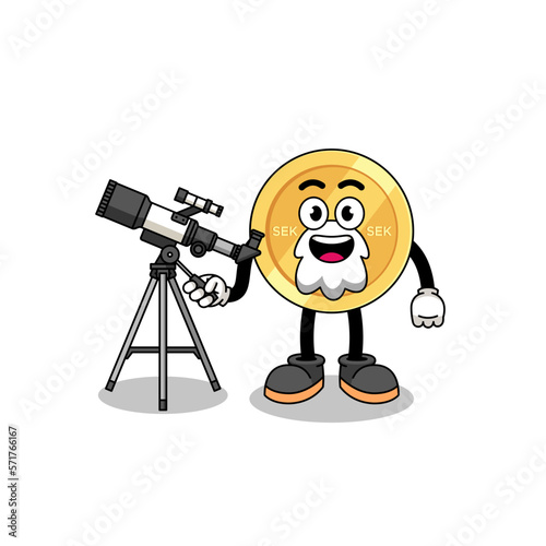 Illustration of swedish krona mascot as an astronomer