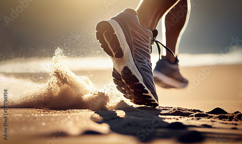 Runner athlete feet running on sand under sunlight in the morning. Generative AI.