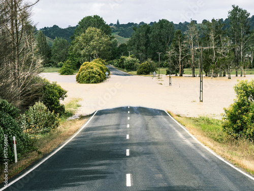 Flooded rural road during cyclone Gabrielle