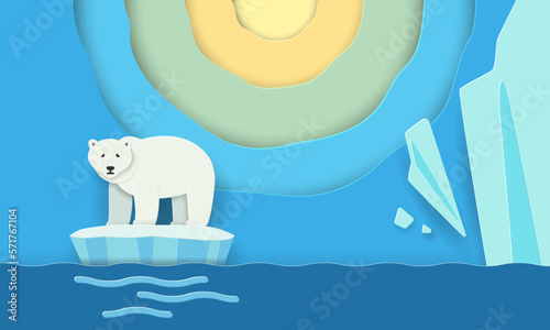 Polar Bear On Ice Floe Melting Iceberg And Global Warming. Paper cut art, natural crisis concept.