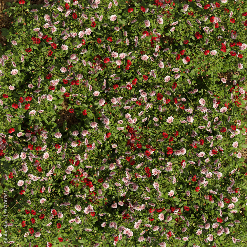 3D rendering of ground cover filled with flowers and grass, spring vibes and summer, perfect for texture, background and wallpaper