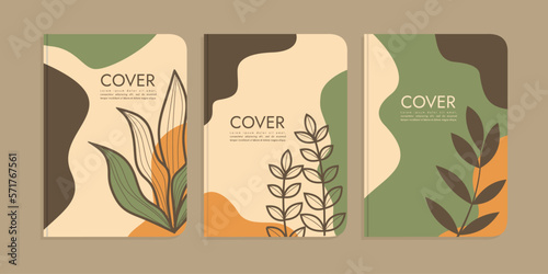 set of book cover designs with hand drawn floral decorations. abstract boho botanical background A4 size For book, binder, diary, planner, brochure, notebook, catalog
