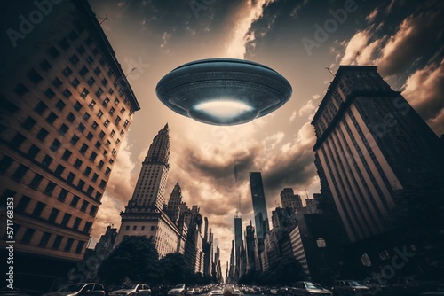 UFO in city sky, unidentified flying object, generative AI, extraterrestrial, aliens, unidentified flying object, flying saucer