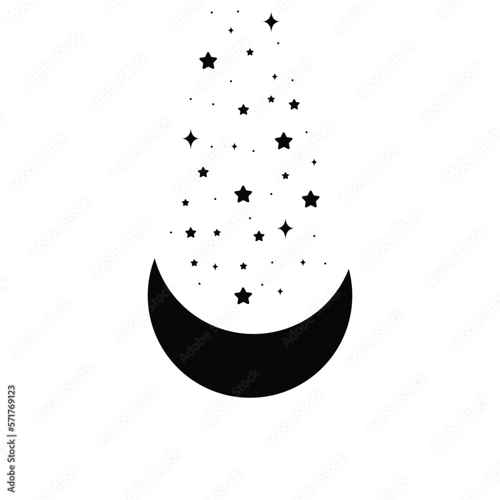 Moon and stars icon isolated. Flat design. Moon and star Icon isolated on white Background. Night symbol for your web site design, logo. Flat design. filled black symbol. Vector EPS 10.