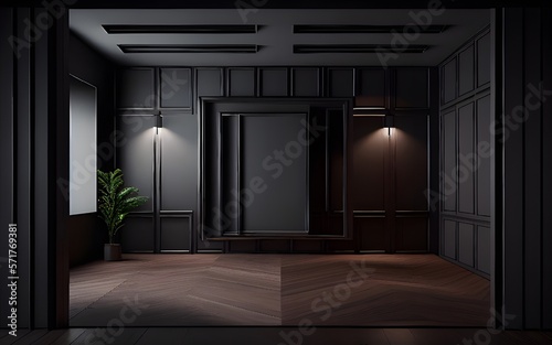 Inside a modern classic black empty space with wooden floors and walls.