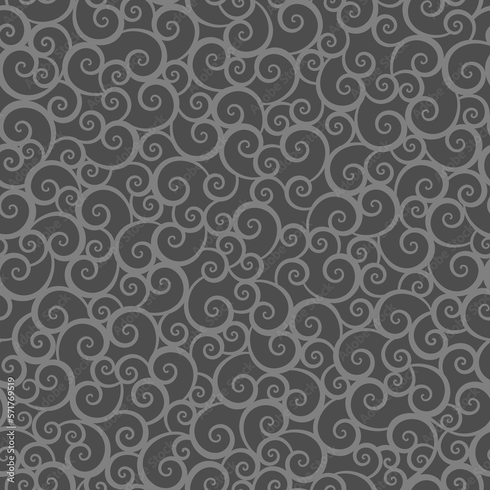 Seamless (repeatable) scrolls and swirls pattern background of two flat shades gray chalkboard colors
