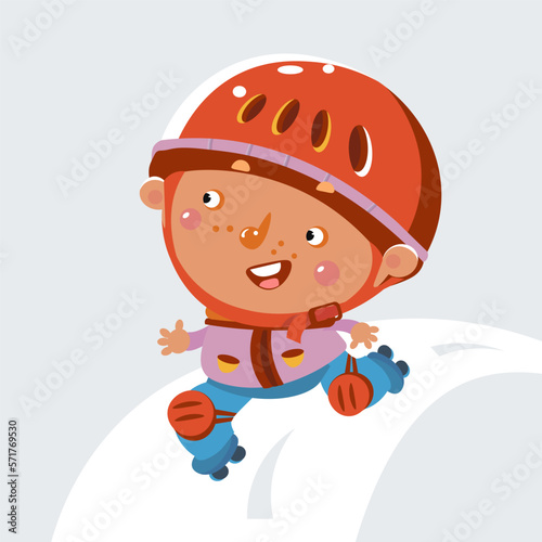 Cute preschooler boy riding on roller skates on track in park. Sport and children. Vector cartoon illustration for design. 
