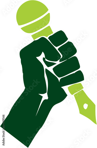 illustration of a hand holding mic and pen 