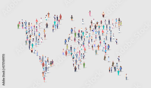 Fototapeta Naklejka Na Ścianę i Meble -  World Population Creative Concept on Global Map. Large Crowd of Different People Standing Together in a Shape of Earth. Global Community, International Populations And Globalization Idea. 