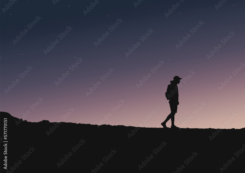 silhouette of a person on a mountain with the sky, vector illustration.