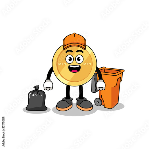 Illustration of mexican peso cartoon as a garbage collector