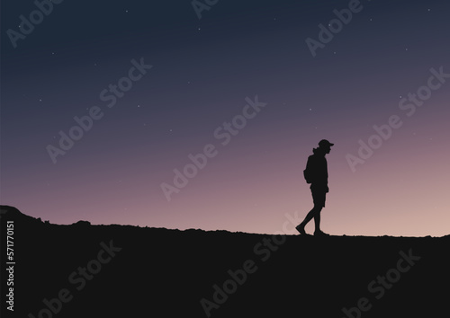 silhouette of a person on a mountain with the sky, vector illustration.